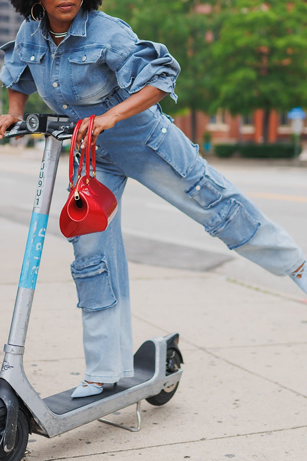 Stylish Flap Pocket Button Up Bleach Wash Jumpsuit