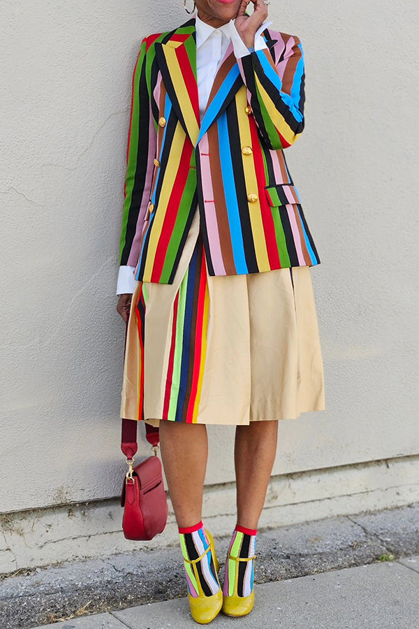 Stylish Colorful Striped Double Breasted Blazer Set