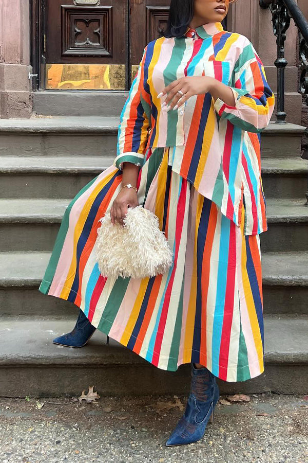 Casual Colorful Striped Blouse & Skirt Set