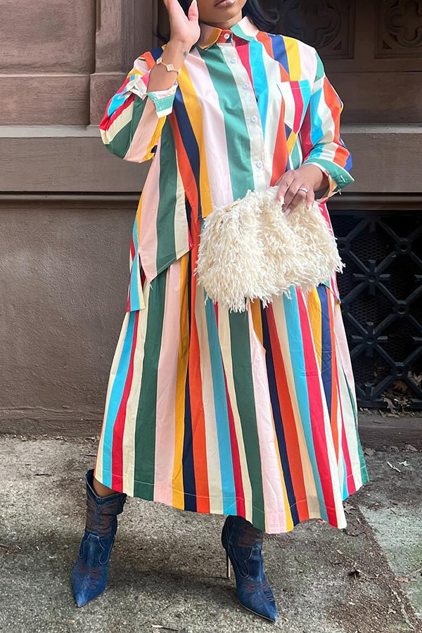 Casual Colorful Striped Blouse & Skirt Set