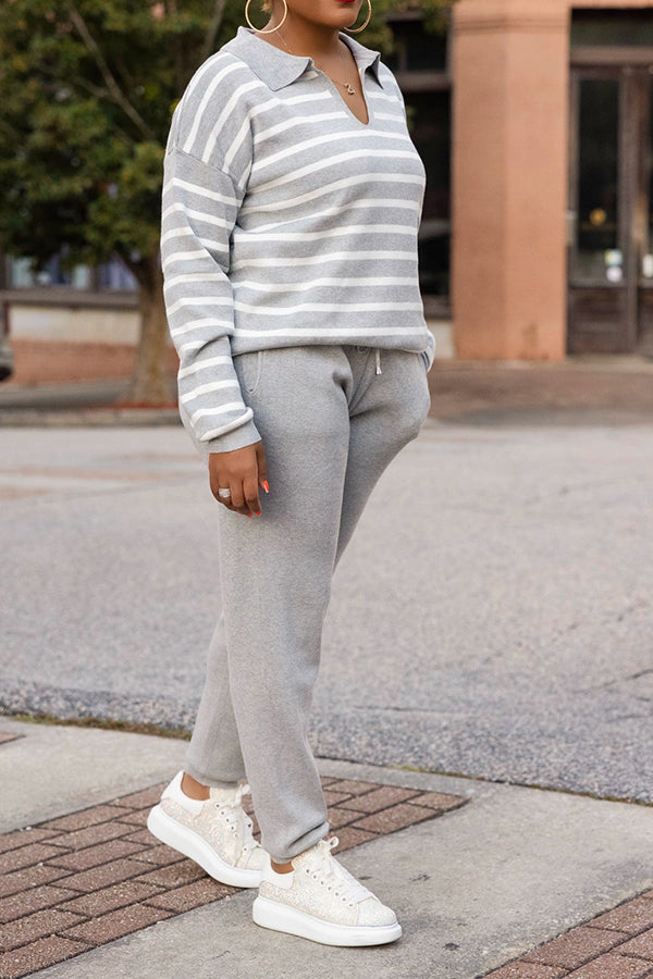 Cozy Striped V Collared Sweatshirt & Pants Set