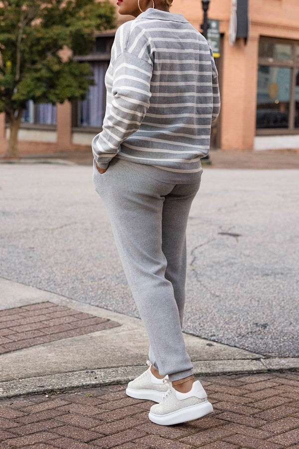 Cozy Striped V Collared Sweatshirt & Pants Set