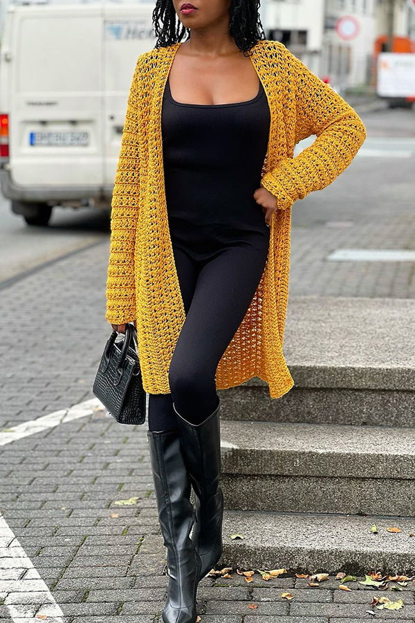 Casual Open Knit Solid Cardigan