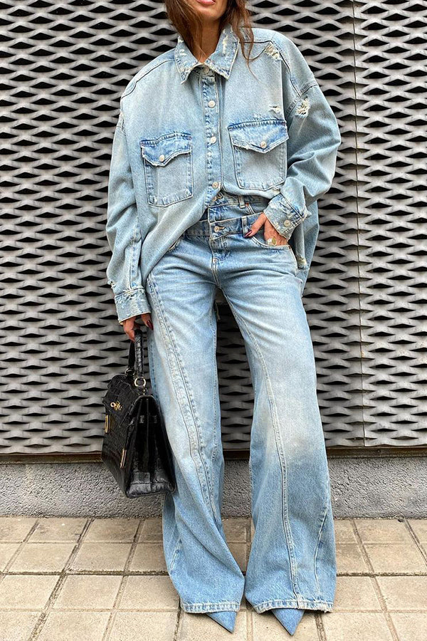 Stylish Ripped Flap Pocket Denim Jacket