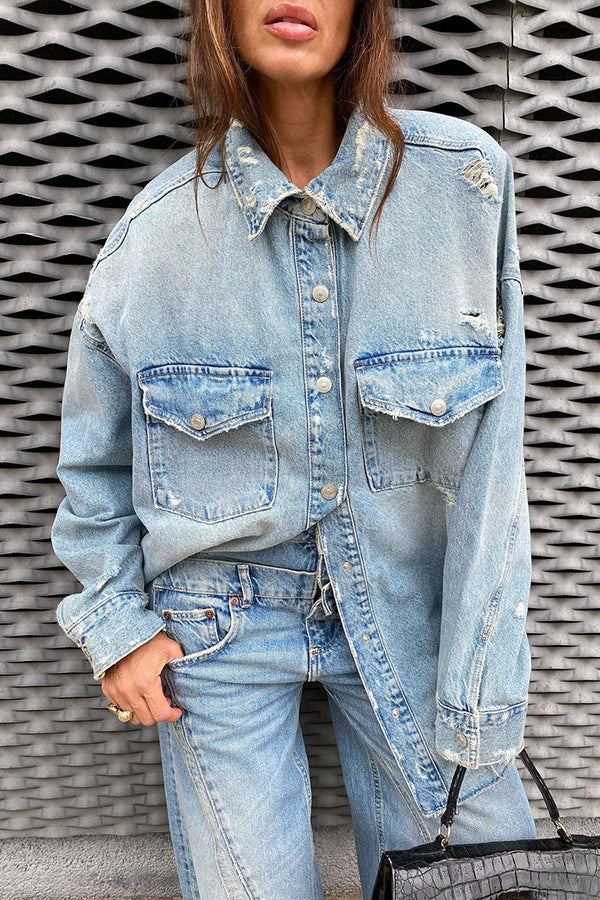 Stylish Ripped Flap Pocket Denim Jacket