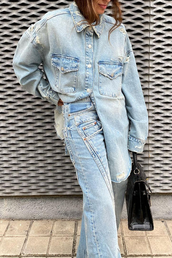 Stylish Ripped Flap Pocket Denim Jacket