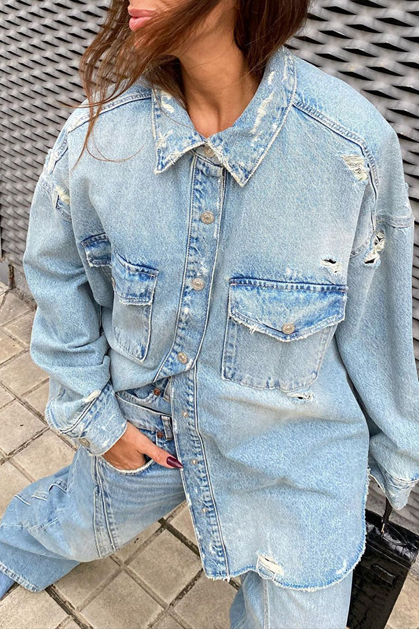 Stylish Ripped Flap Pocket Denim Jacket