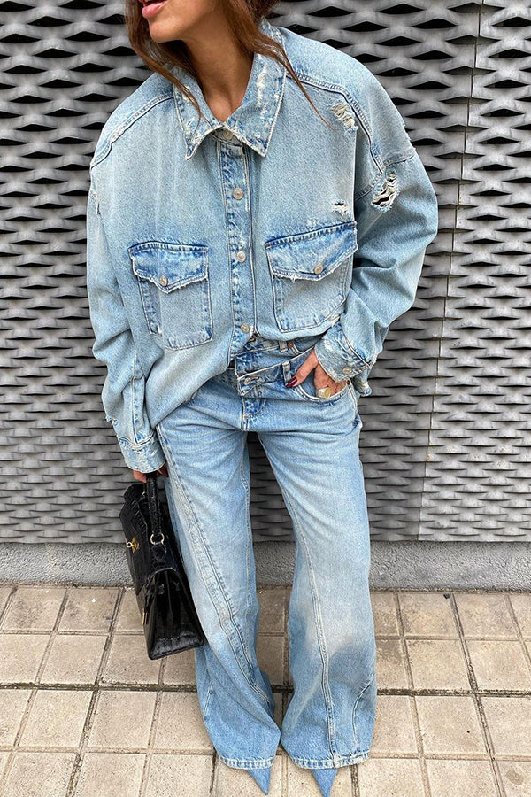 Stylish Ripped Flap Pocket Denim Jacket