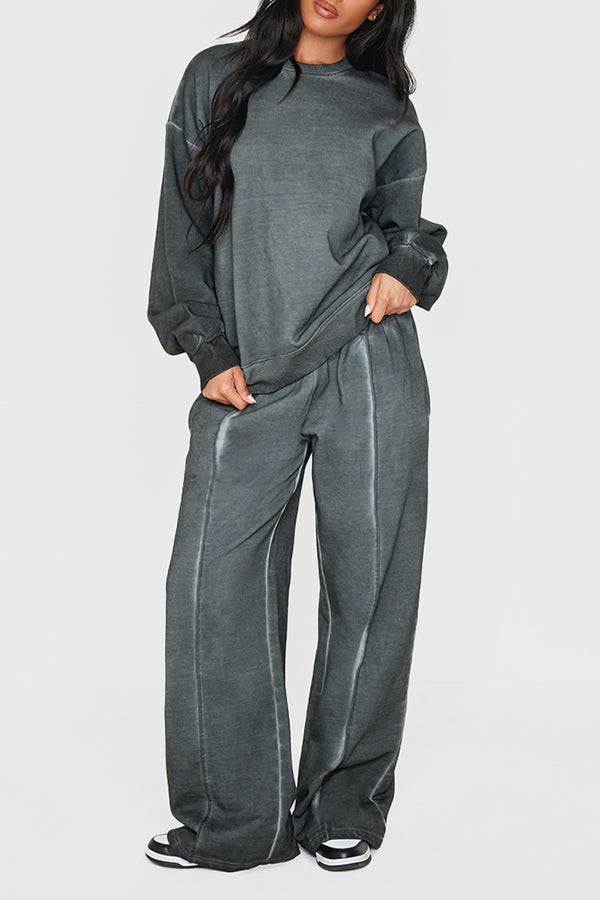 Casual Washed Round Neck Sweatshirt & Pants Set