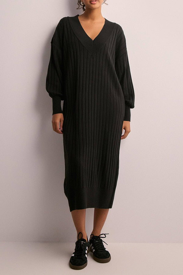 Cozy Ribbed Knit V-Neck Midi Dress