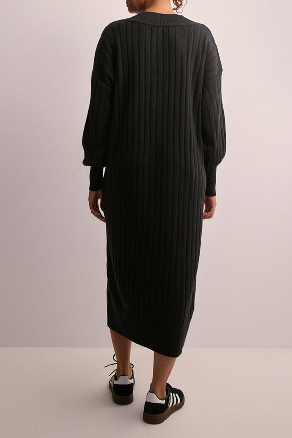 Cozy Ribbed Knit V-Neck Midi Dress