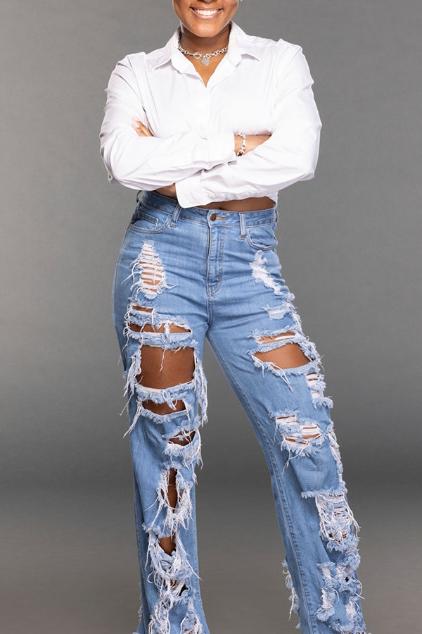 Stylish Ripped Straight Leg Jeans