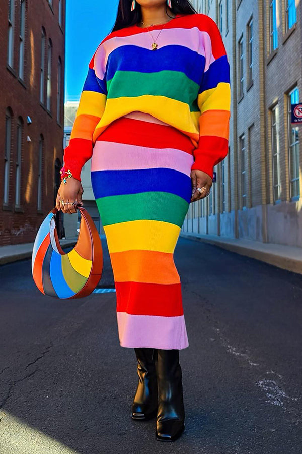 Casual Colorful Striped Knitted Top & Skirt Set