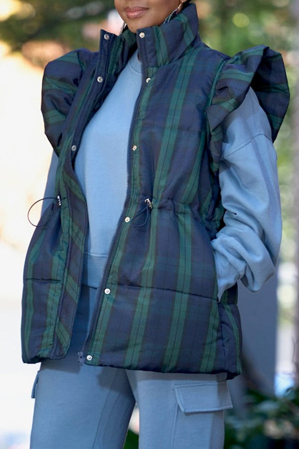 Casual Plaid Draw Waist Ruffle Puffer Vest