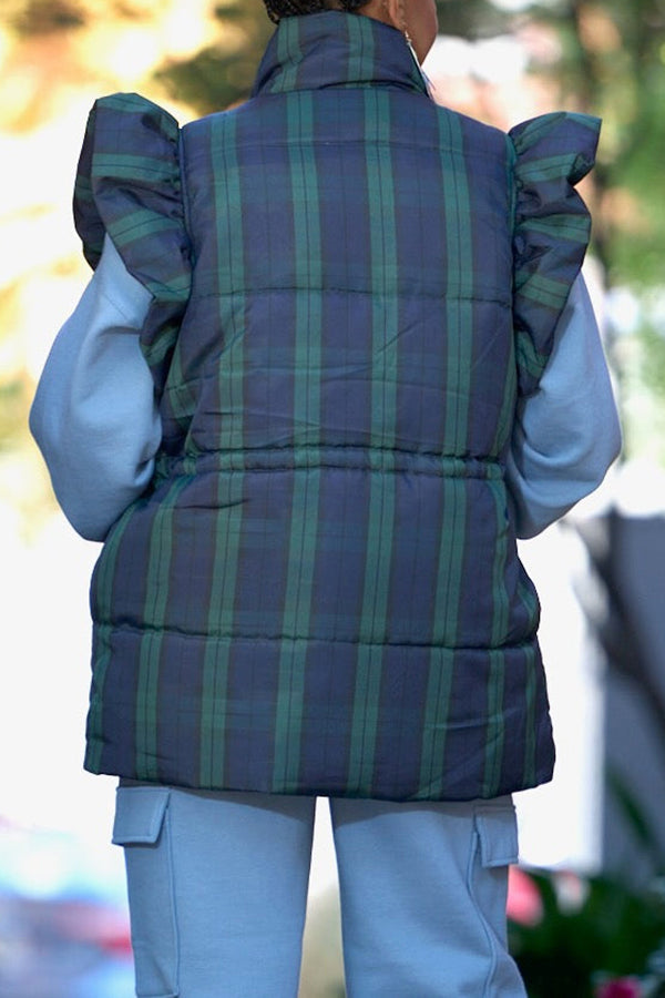 Casual Plaid Draw Waist Ruffle Puffer Vest