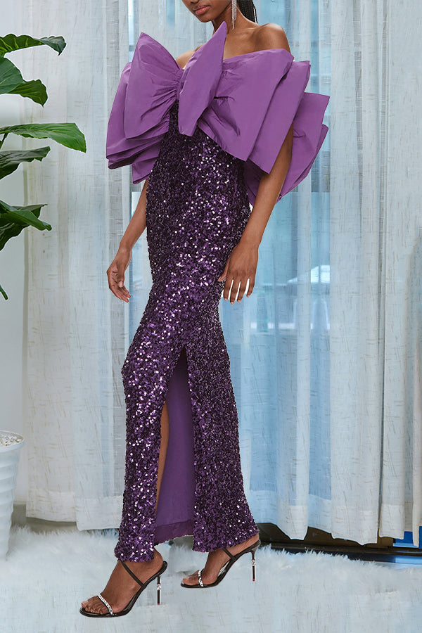 Elegant Bow Front Sequin Maxi Dress