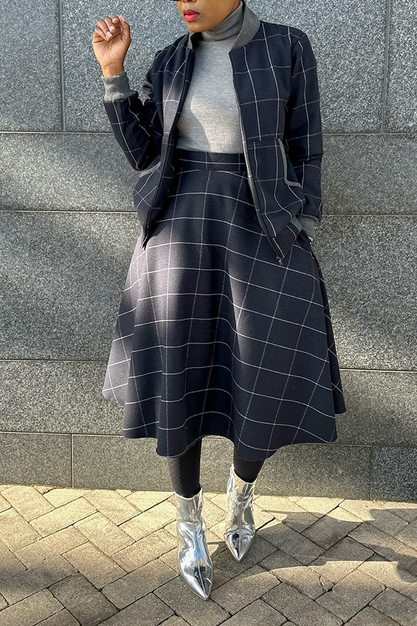 Casual Plaid Jacket & A-line Skirt Set