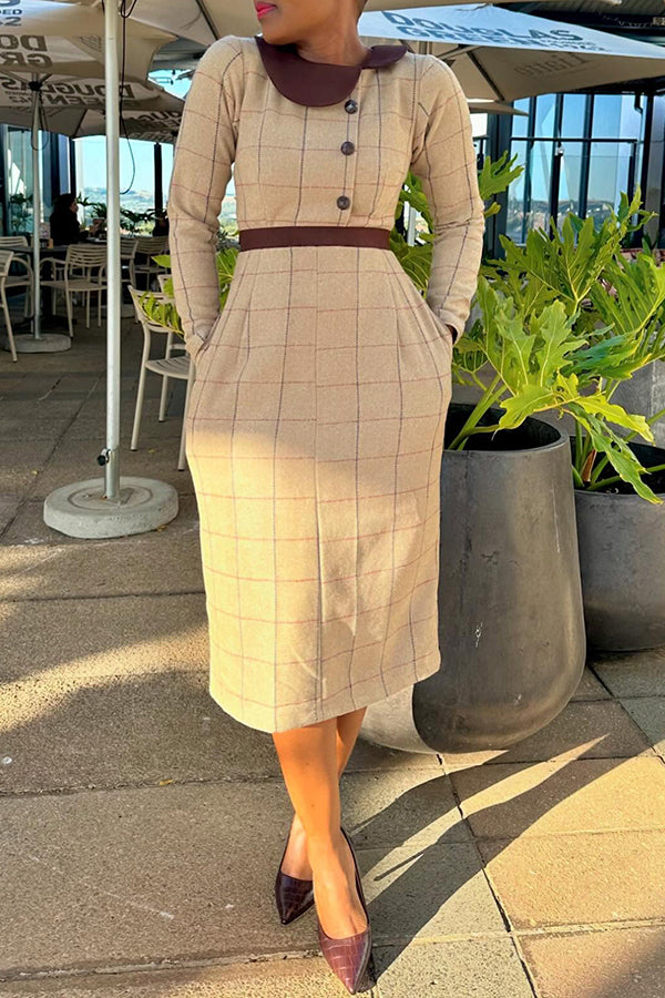 Vintage Plaid Asymmetrical Neck Midi Dress