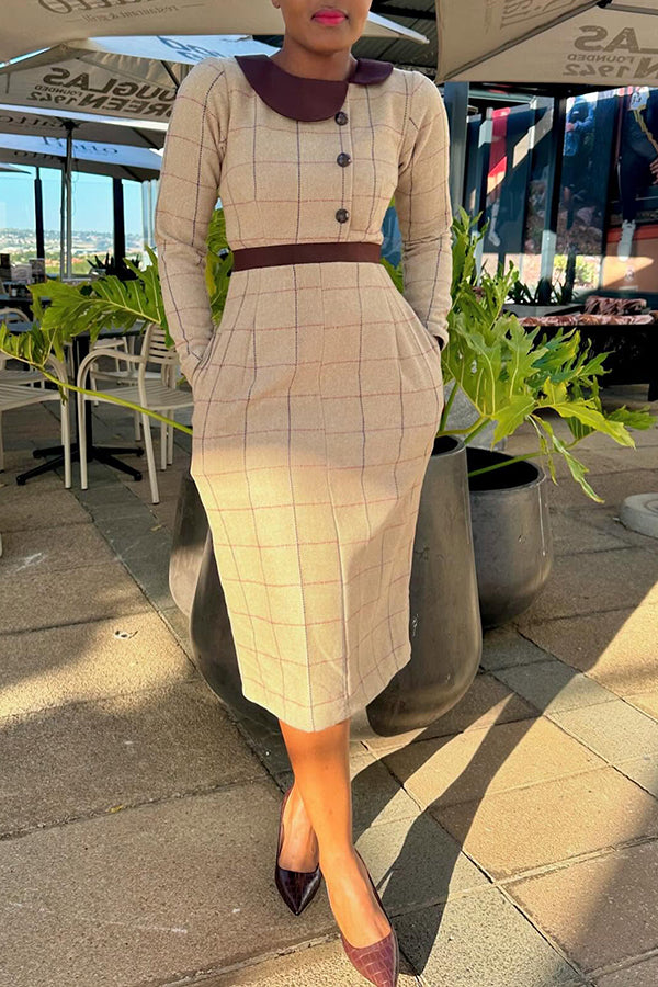 Vintage Plaid Asymmetrical Neck Midi Dress