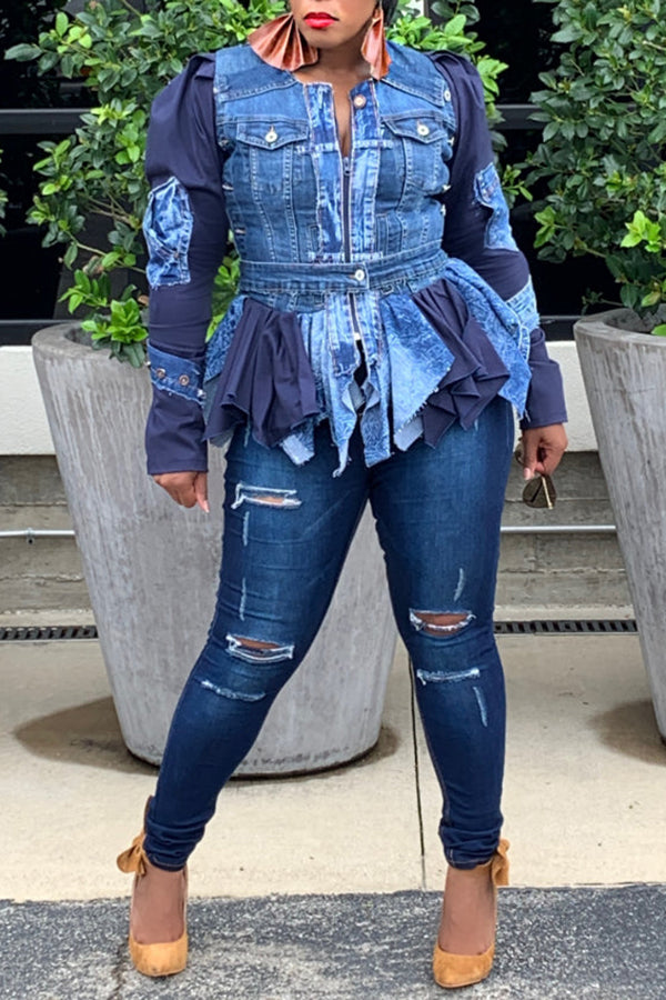 Stylish Ruched Denim Patchwork Top