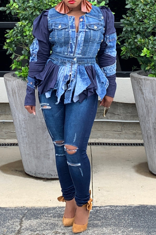 Stylish Ruched Denim Patchwork Top