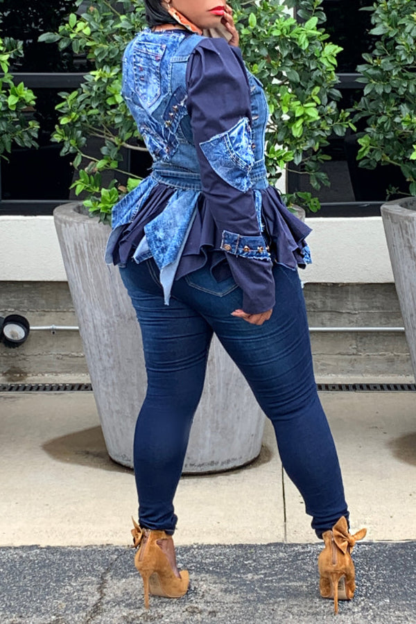 Stylish Ruched Denim Patchwork Top