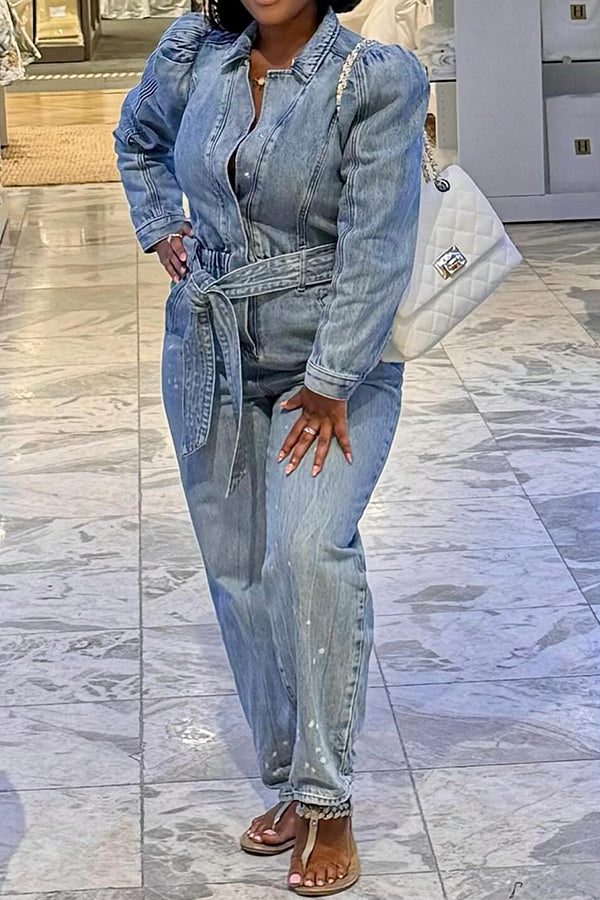 Stylish Belted Bleach Wash Jumpsuit