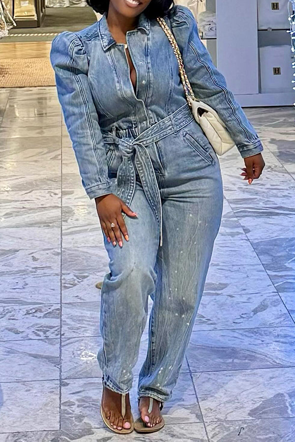 Stylish Belted Bleach Wash Jumpsuit