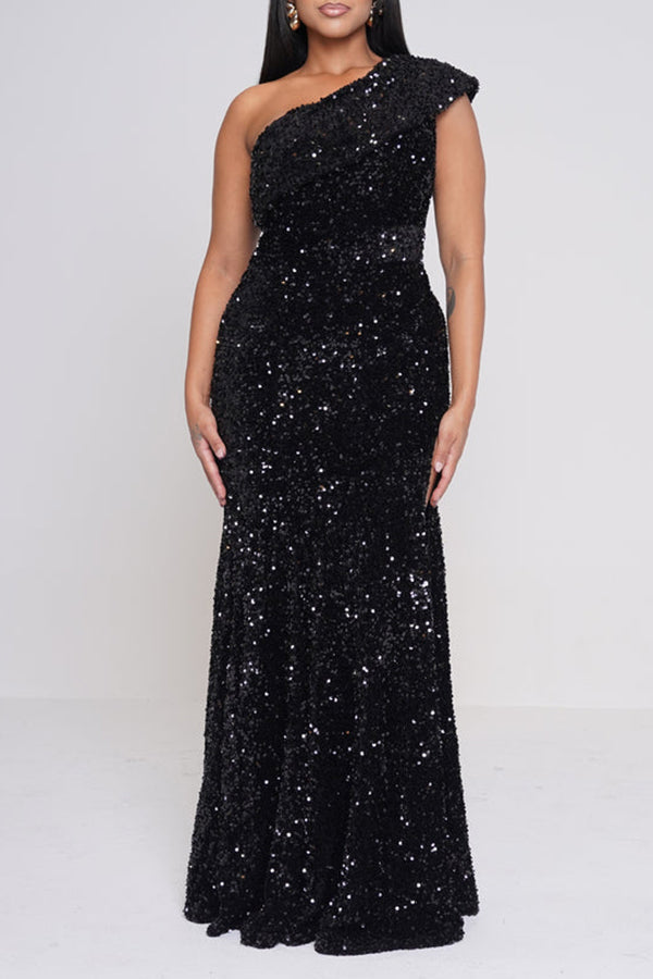 Shiny One Shoulder Sequin Dress