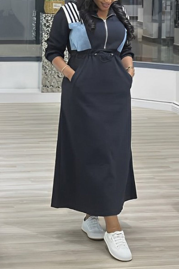 Casual Denim Patchwork Midi Dress