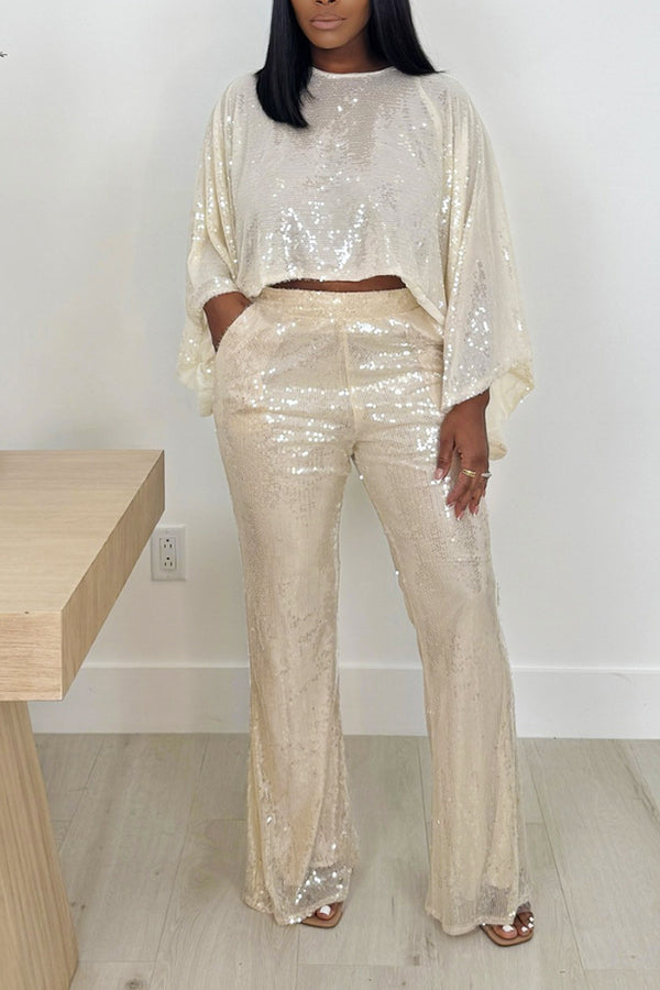 Casual Batwing Sleeve Sequin Top & Pants Set