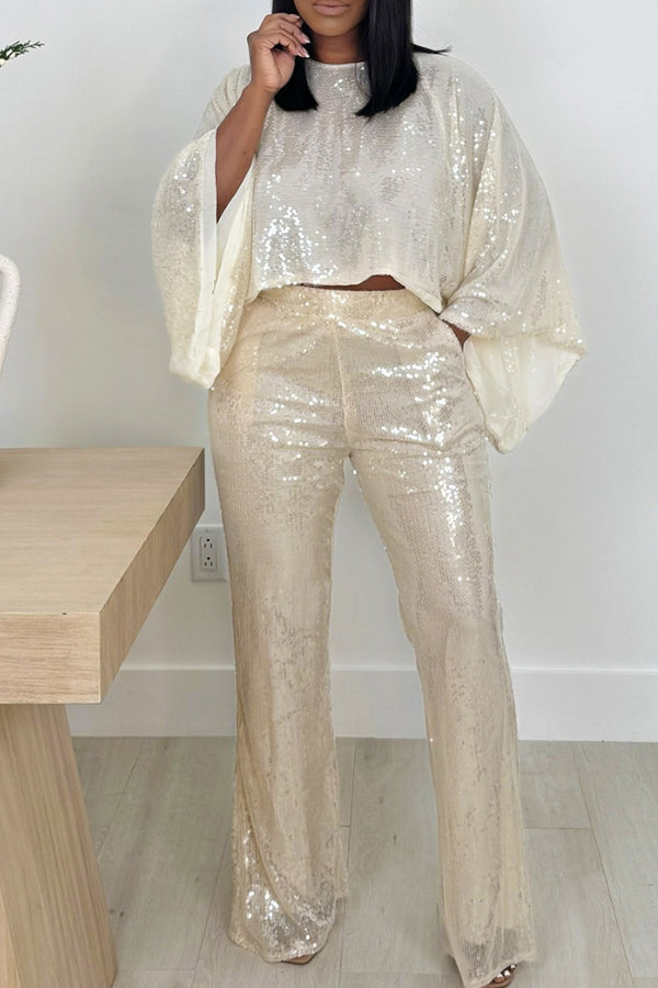 Casual Batwing Sleeve Sequin Top & Pants Set