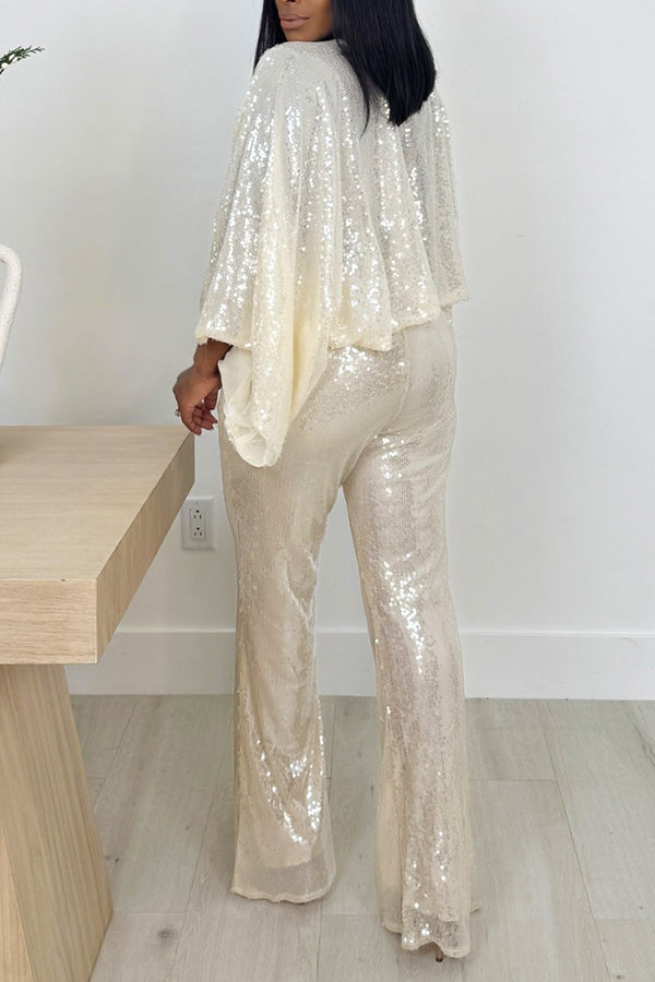 Casual Batwing Sleeve Sequin Top & Pants Set