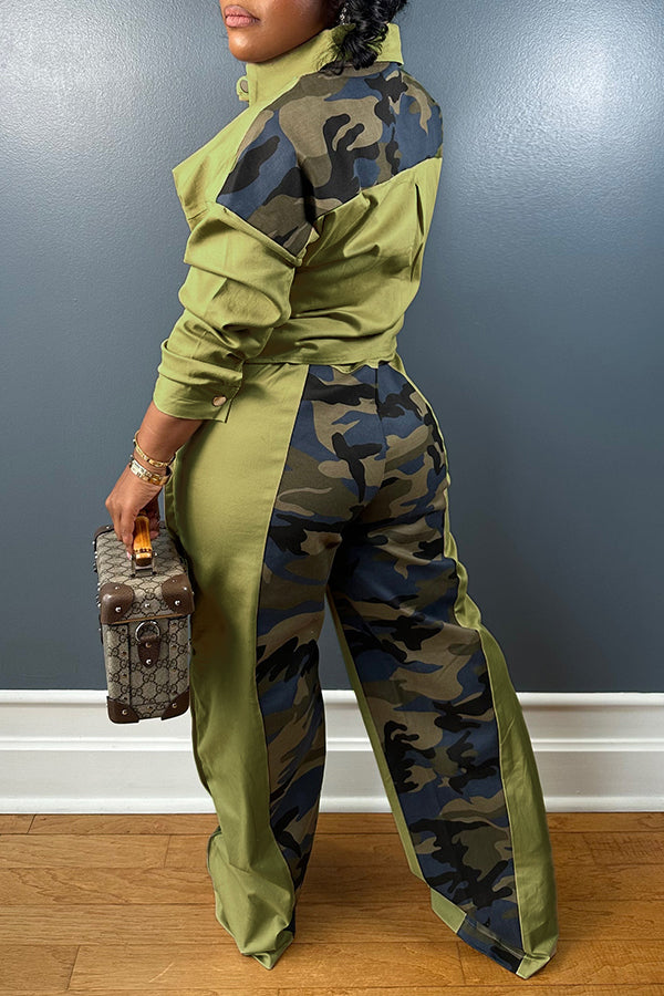 Casual Camouflage Stitching Jacket & Pants Set