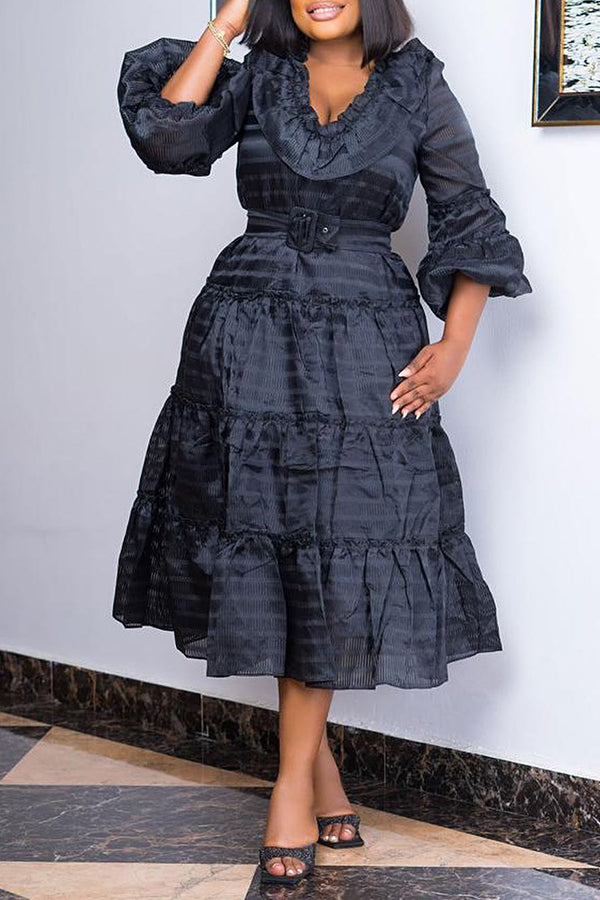 Elegant Frill Trim Layered Ruffle Midi Dress