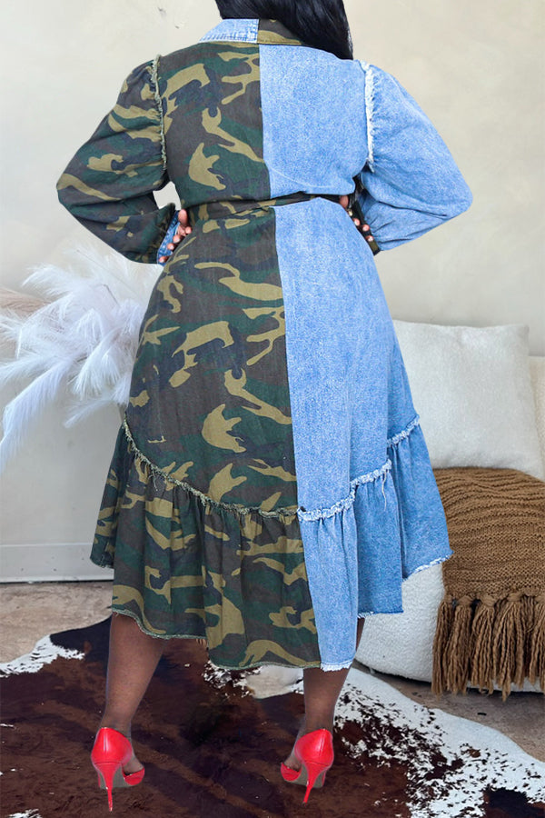 Casual Denim Patchwork Camouflage Dress