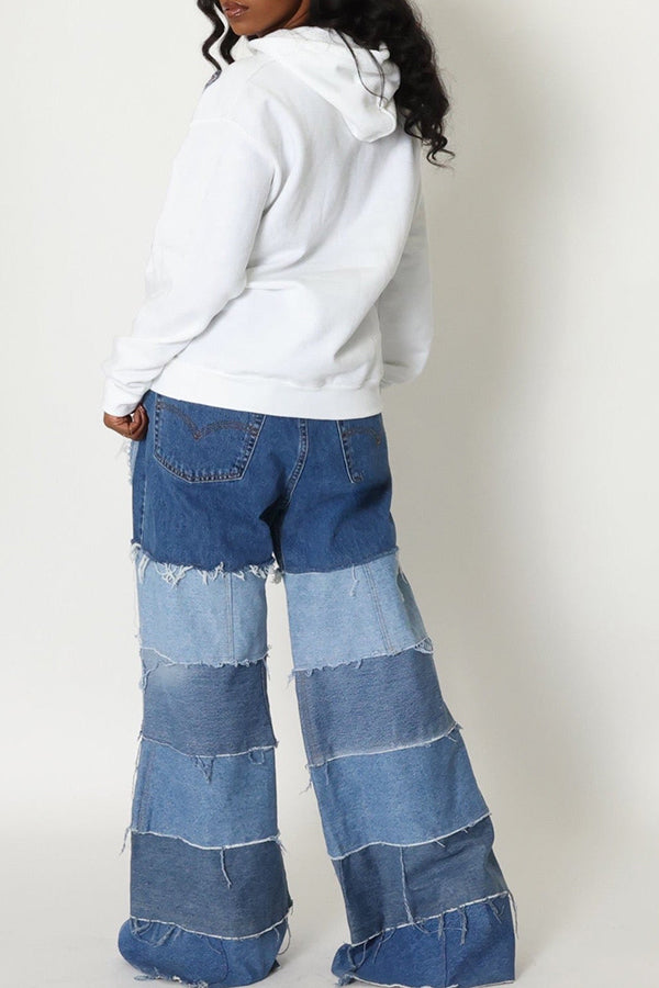 Casual Denim Paneled Wide-leg Pants