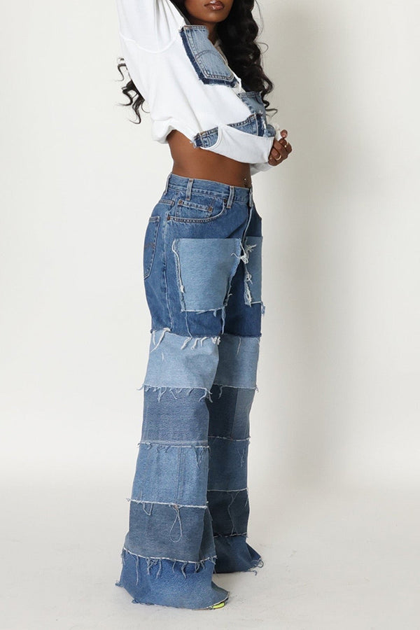 Casual Denim Paneled Wide-leg Pants