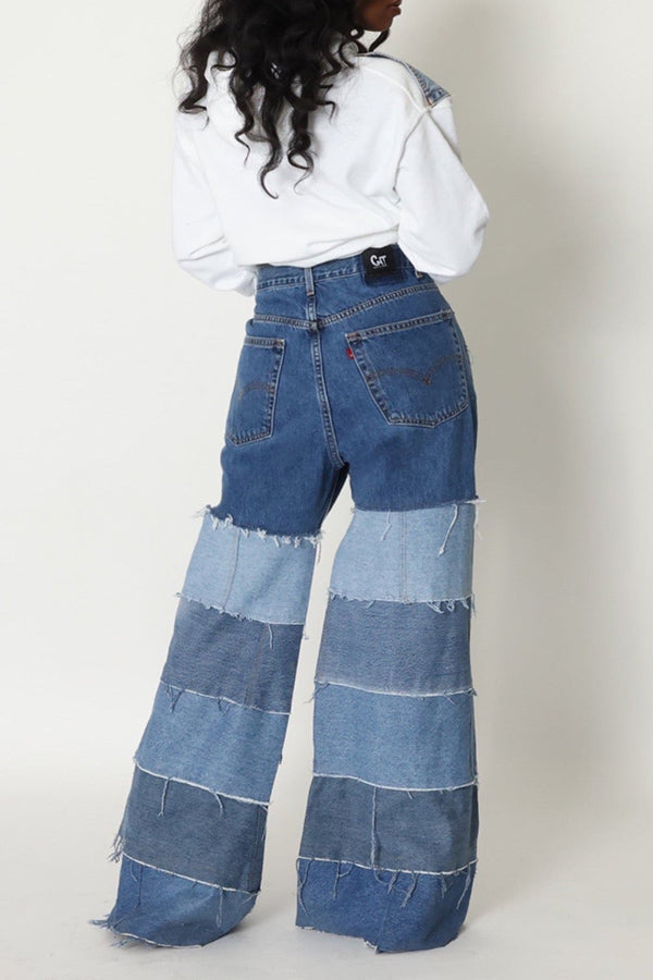 Casual Denim Paneled Wide-leg Pants