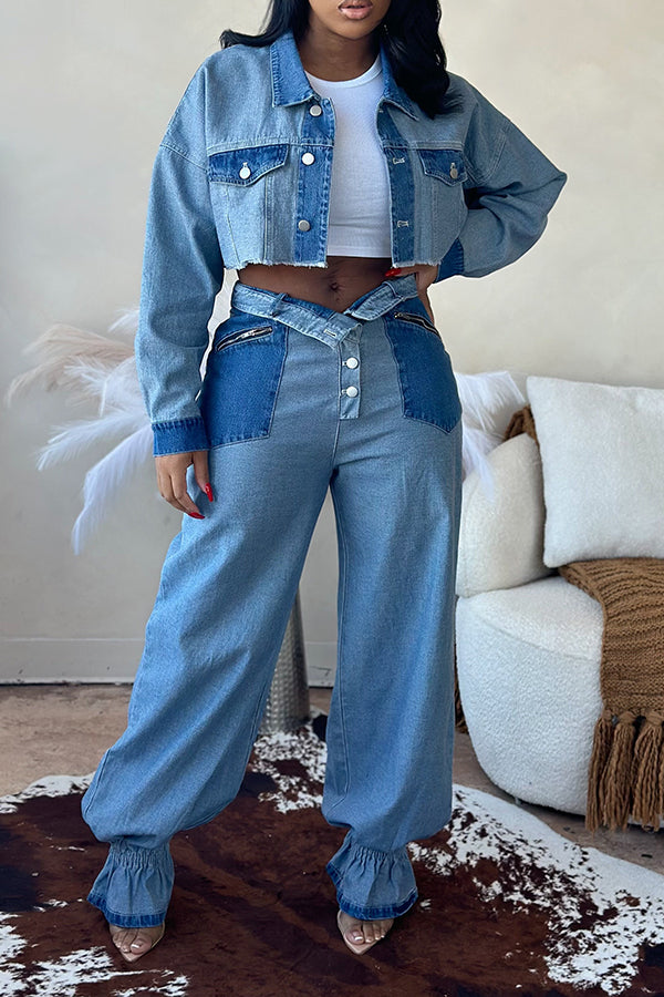 Casual Two-tone Denim Crop Jacket & Pants Set