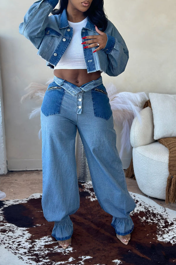 Casual Two-tone Denim Crop Jacket & Pants Set