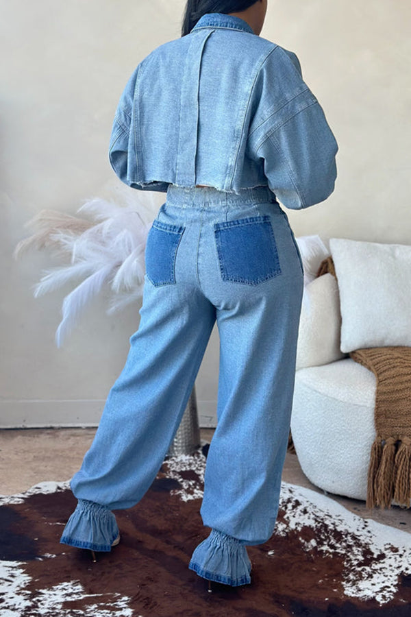 Casual Two-tone Denim Crop Jacket & Pants Set