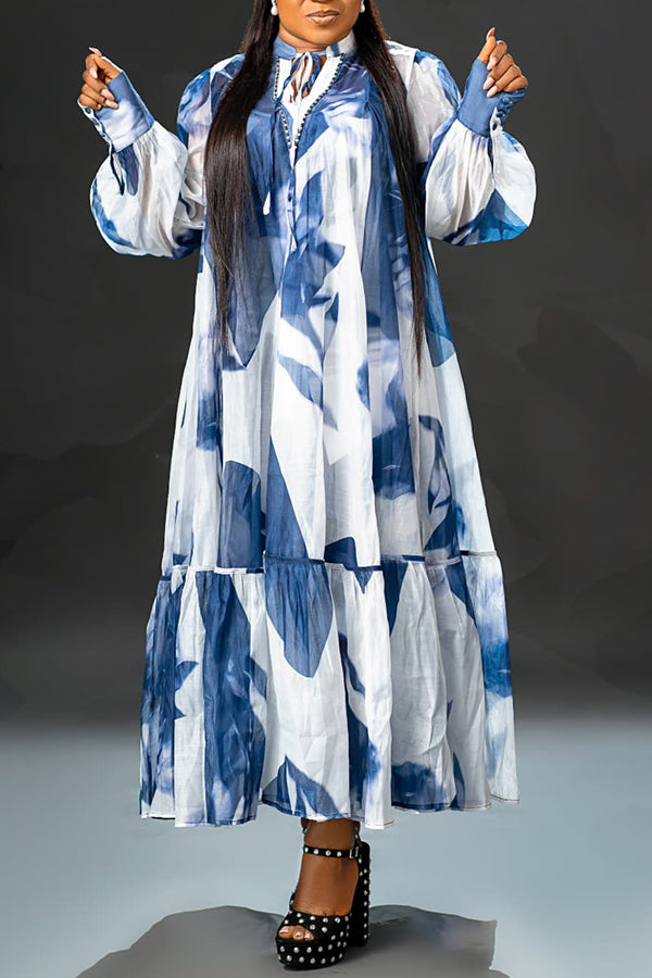 Elegant Tie Dye Ruffle Hem Maxi Dress