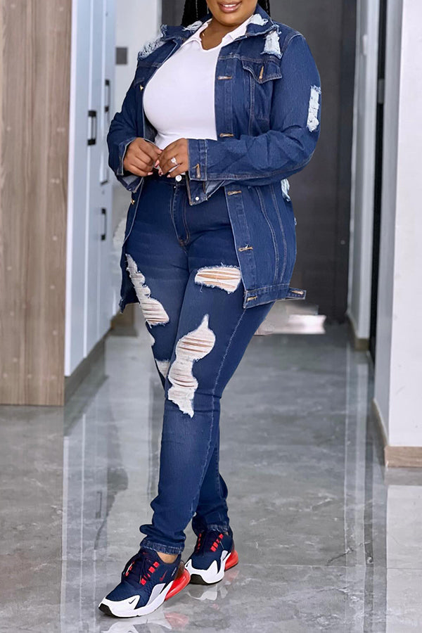 Stylish Ripped Denim Jacket & Pants Set