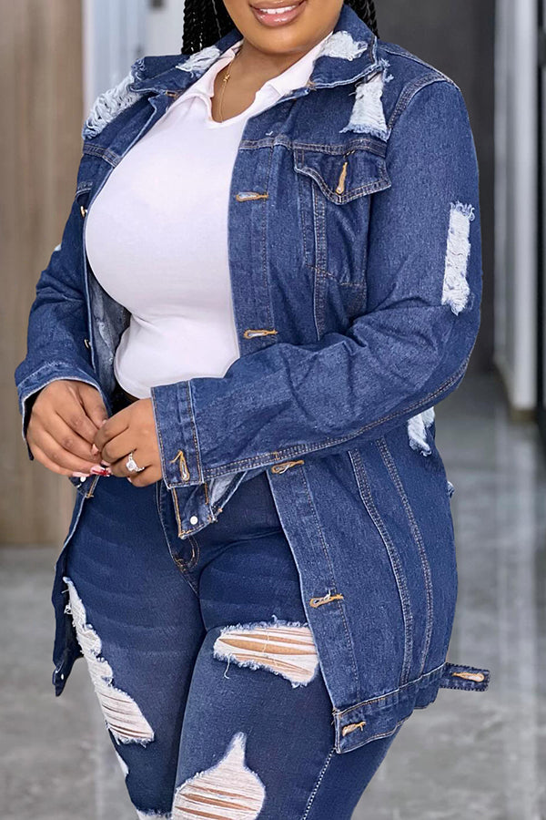 Stylish Ripped Denim Jacket & Pants Set