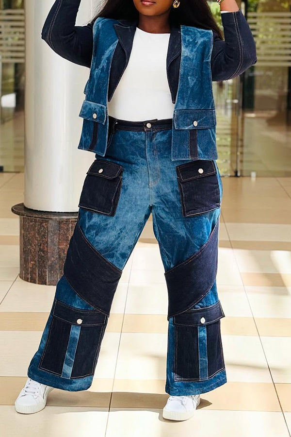 Stylish Denim patchwork Vest Coat & Pants Set