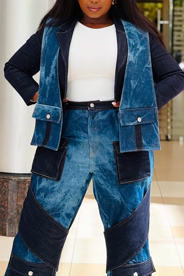 Stylish Denim patchwork Vest Coat & Pants Set