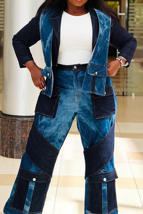 Stylish Denim patchwork Vest Coat & Pants Set