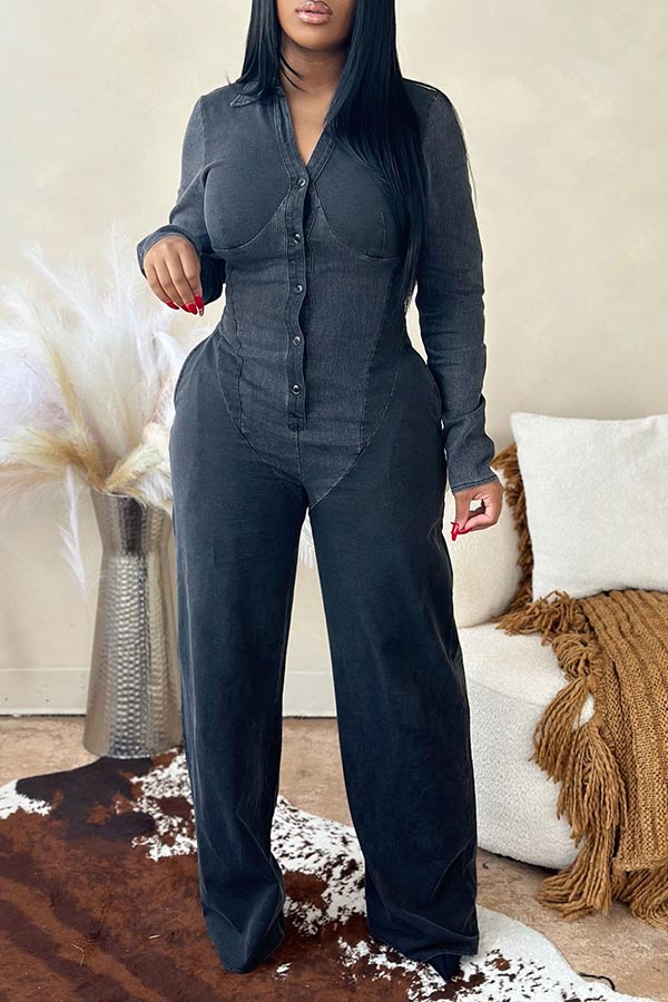 Casual Button Up Solid Jumpsuit