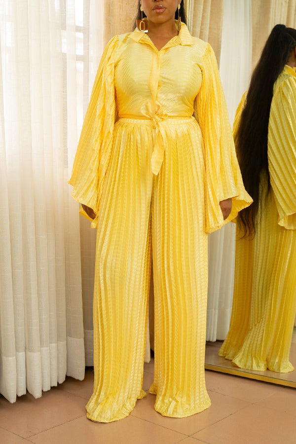 Elegant Trumpet Sleeve Solid Pleated Jumpsuit